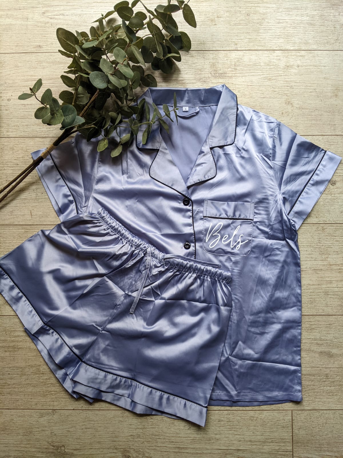 Satin Personalised Pyjama Set - Dusty Blue and Black