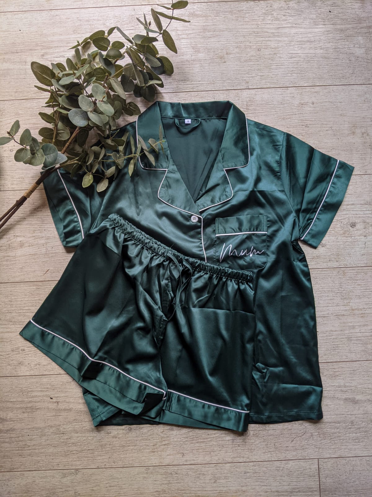 Satin Personalised Pyjama Set - Emerald and White
