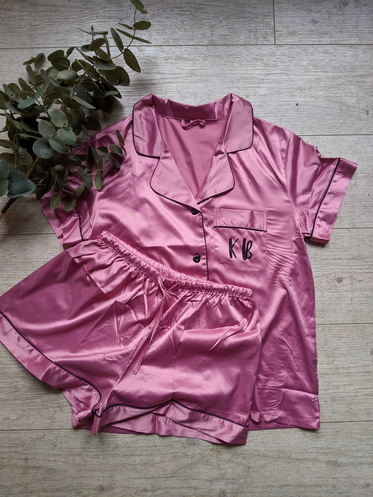 Satin Personalised Pyjama Set - Dusty Pink and Black