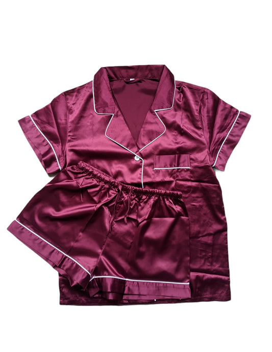 Satin Personalised Pyjama Set - Burgundy and White