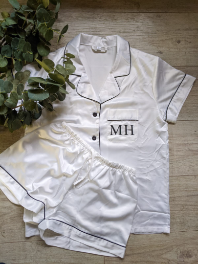 Satin Personalised Pyjama Set - White and Black